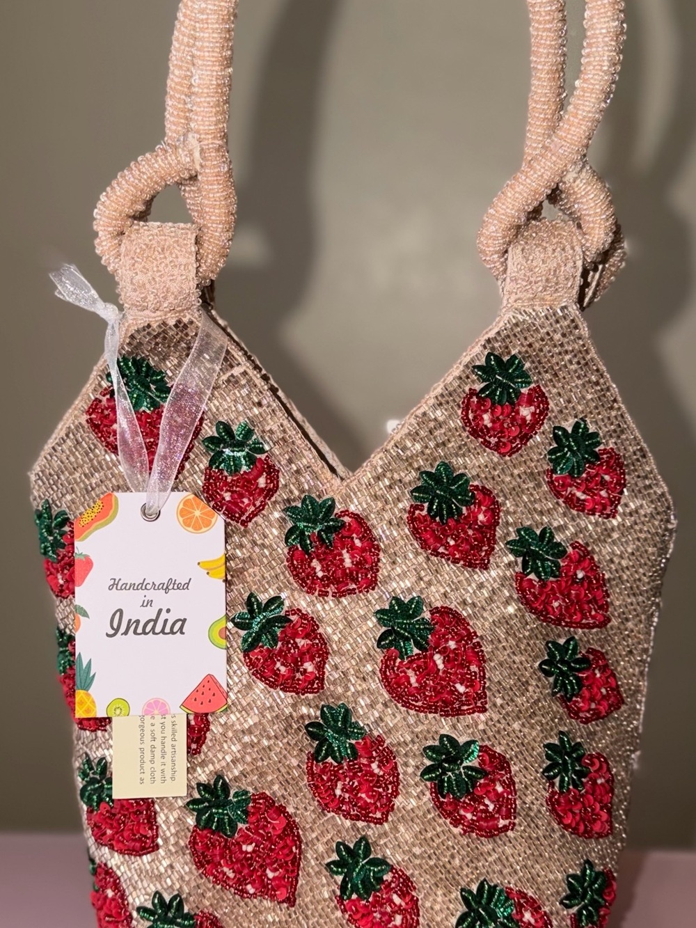 🍓 NWT Strawberry Beaded Tote Bag Handmade in India Coquette Summer Purse